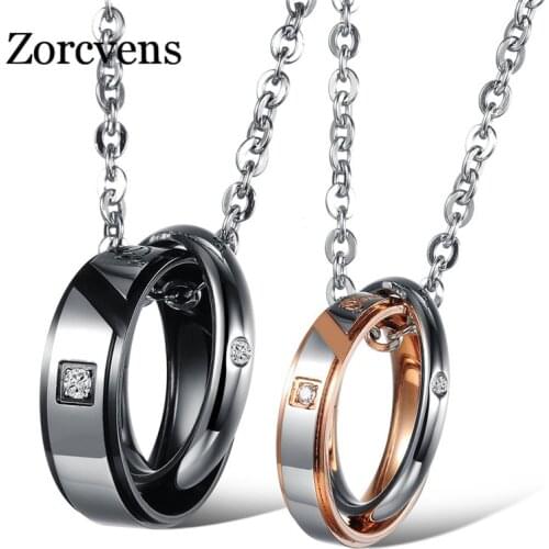 Modyle Fashion Cubic Zirconia Jewelry Circle Moon Chain Gold Color Steel Lovers Couple Necklaces & Pendants For Women Men
