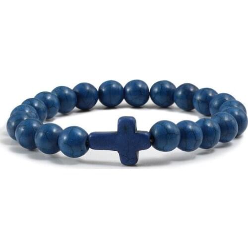 Fashion Jesus Cross Charm Blue Turquoise Mens Bracelet Black Fused Rock White Bead Bracelet Womens Yoga Jewelry Bracelet
