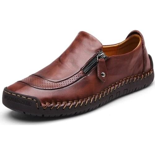 Summer Mens Casual Shoes Genuine Leather Breathable Men Flats Moccasins Loafers Zipper Mens Driving Male Shoes Big Size 38-48