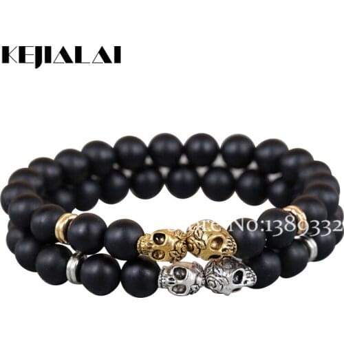 KEJIALAI 2018 New Design Mens Bracelets Made By 8mm Matte Stone Beads Antique Gold Silver Color Skull Bracelet Yoga Bracelet