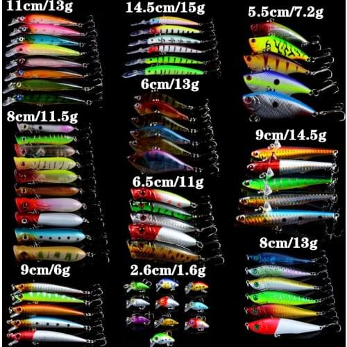 66pcs/lot Fishing Lures Set Mixed 10 Varisized Model Fishing Wobblers Minnow/Crank/Pencil/VIB lure and Popper Fishing Tackle MIX