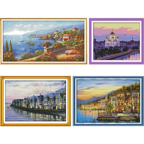 Embroidery Needlework Sets Stamped Cross-Stitch Kits Night At The Seaside Villas Printed 11CT 14CT Counted Crafts DIY Home Decor