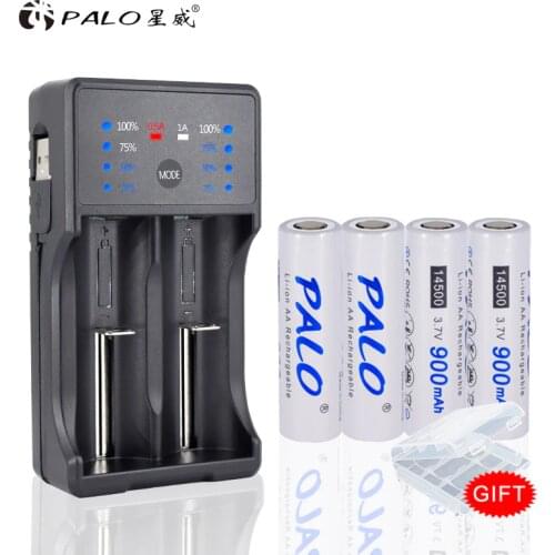 PALO 900mAh AA 3.7V 14500 lithium ion rechargeable batteries for LED flashlight+charger for AA AAA 18650 14500 16350 18500 etc