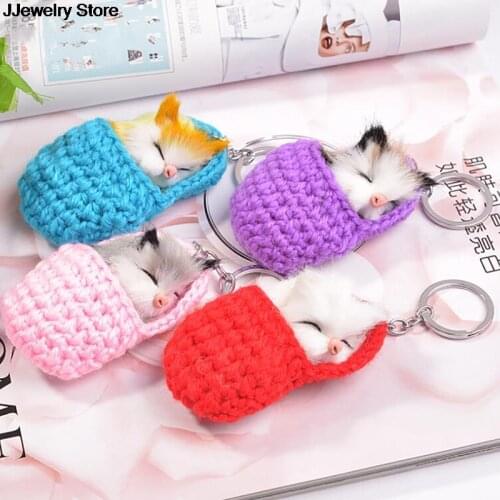 1X Cute Sleeping Cat Pompom Keychains For Women Girls Handmade Woven Shoes Faux Rabbit Fur Kitten Key Chains Fluffy Car KeyRings