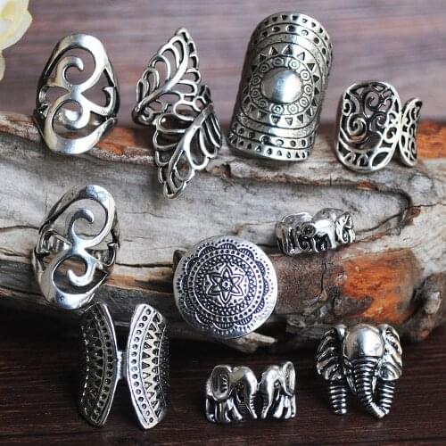 Vintage Silver Color Elephant Rings Moon Shape/geometry/animal Finger Ring for Men Women Boho Adjustable Ring Retro Jewelry