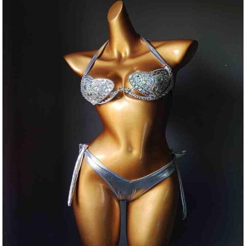 Bling Stone Sexy Swimwear Bikini Set Padded Wire Free Halter Adjustable Bandage Heart Shaped Fashion Luxury Beach Swimsuits