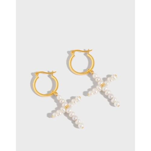 INS Authentic 925 Sterling silver Freshwater Pearls Irregular Cross Hoop Huggie Earrings FINE jEWELRY TLE906