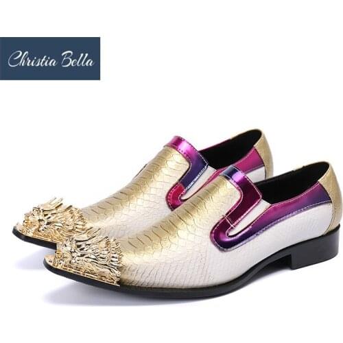 Trending Italian Type Mens Shoes Golden Metal Toe Leather Dress Shoes for Men Slip on Rock Party and Wedding Shoes Men