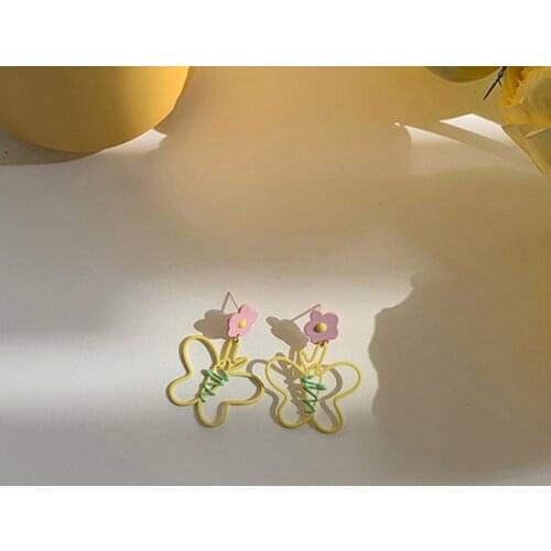 VSnow Trendy Summer Contrast Color Butterfly Flower Dangle Earring for Women Femme Hollow Out Metal Earring Jewelry Pendientes