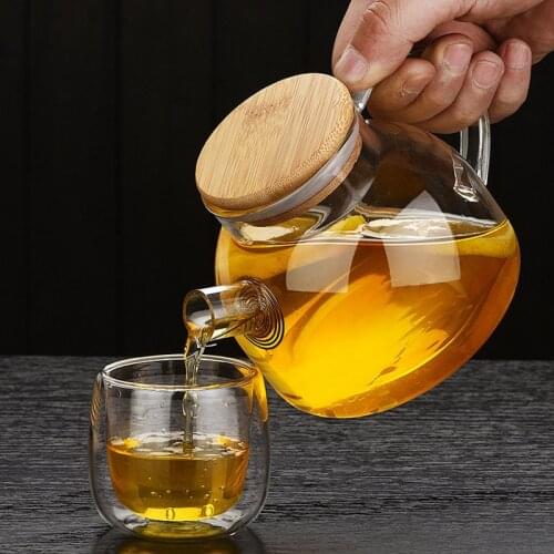Chinese Style Heat Resistant Glass Tea Infuser Pot With Wood Cover Kung Fu Flower Tea Puer Kettle Coffee Cup Office Teapot Set