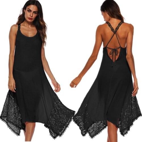 2018 Summer Beach Dress Plus Size 5XL Woman Sexy Solid Backless Boho Dress Back Cross Lace Elegant Club Party Dress Loose