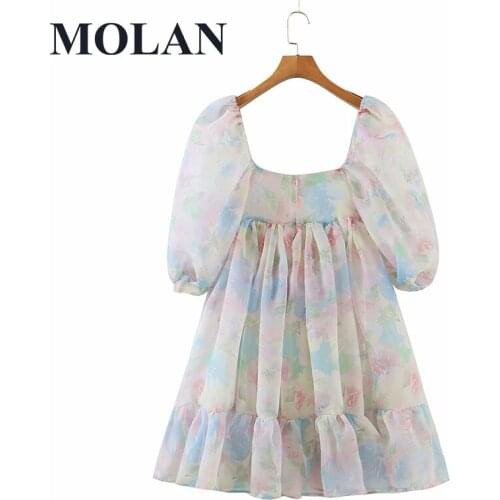 Double Lined Upon Fluffy Fairy Woman Dress Square Collae Short Sleeve Casual Print Pleated 2021 Summer New Dress