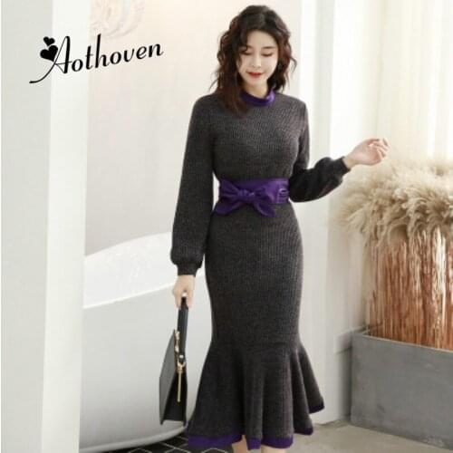 Winter Knitting Mermaid Dresses Stand-up Collar Long Lantern Sleeve Sweater Dress Women Office Bodycon Sexy Party Dress Vestidos
