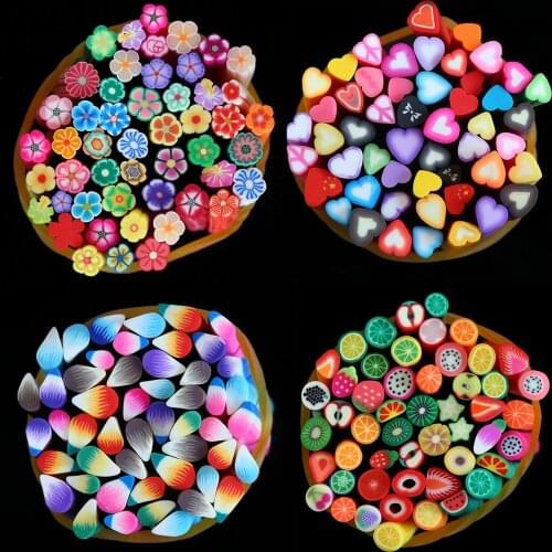 100PCS 3D DIY Cuttable Heart/Water Drop/Flower/Fruit Slices Slime Putty Crystal Clay Filler Stick Nails Art Plasticine Rod Toy