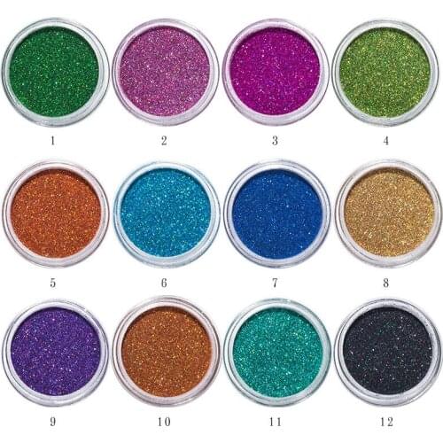 12 Boxes 12 colors 0.1mm 0.2mm fine Holographic Glitter Powder dust set Nail Glitter Powder Holographic Laser Glitters Dust