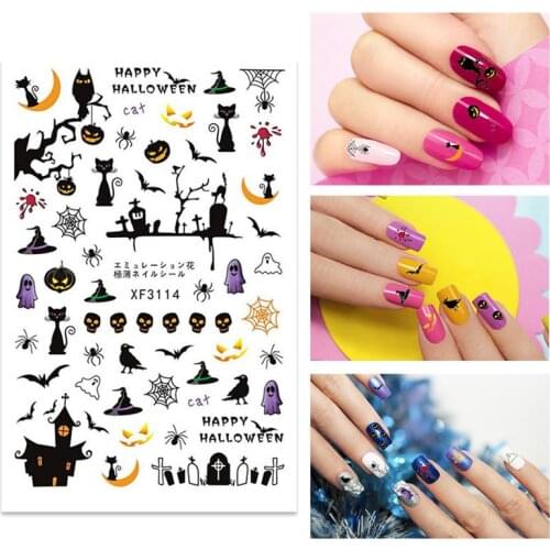 12 Pcs/Set Halloween Nail Art Stickers Skeleton Pumpkin Transfer Nail Sticker DIY Nail Decorations Nail Art Tools Decorations