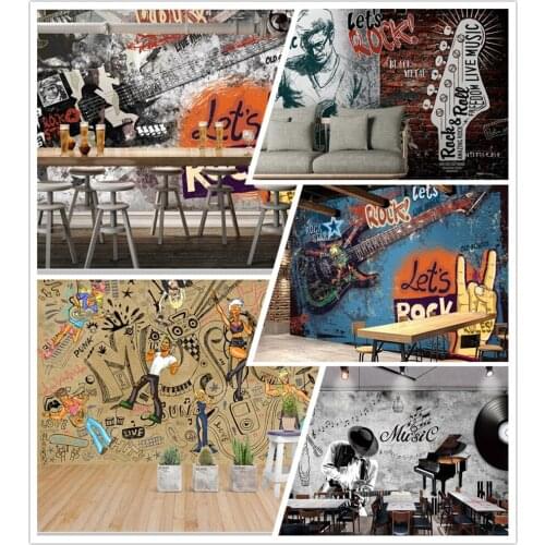 Papel de parede graffiti guitar rock music bar club KTV tooling retro 3d wallpaper mural living room bedroom wall decor