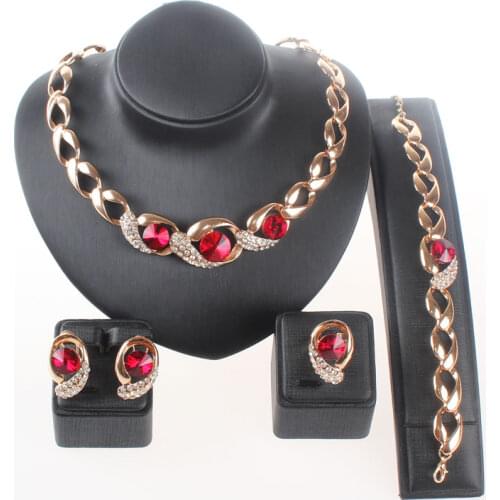 African Beads Crystal Jewelry Sets For Women Gold Color Gem Pendant Necklace Earrings Bracelets Ring Wedding Dress Accessories
