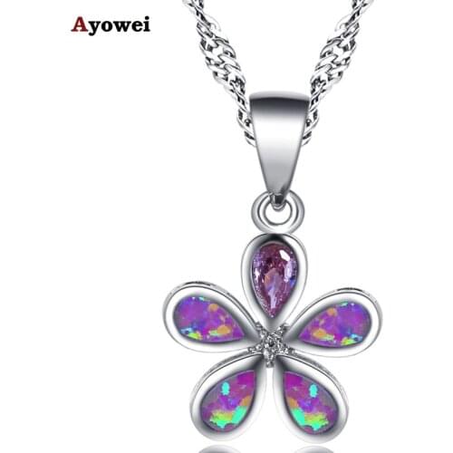 Ayowei Flowers for Women Pink Fire Opal Pink Zircon Silver Pendant Necklaces Fashion Jewelry OP795A