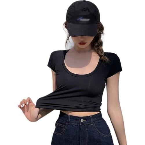 Low Chest Lock Bone Short-sleeved Short U-collar T-shirt Pure Color Tight High Waist Parable Tee Tops