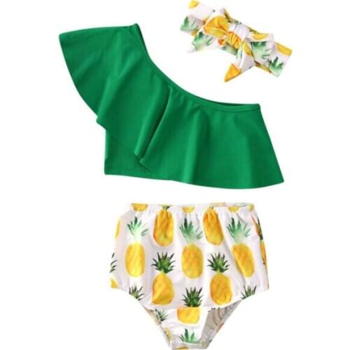 2020 Baby Kids Girls One shoulder Swimwear Bikini Set 3Pcs Pineapple Print Swimsuit Swimming Headband Bathing Suit Beachwear