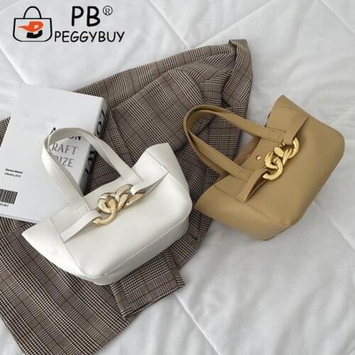Fashion Women PU Leather Bucket Handbag with Thick Chain Decor Portable Solid Color Large Capacity Shopping Hasp Tote Bags