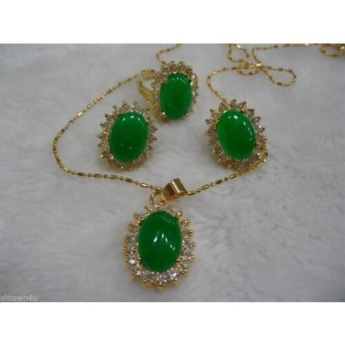 Fashion jewelry beautiful green Natural stone necklace pendant earring ring 7-9 # Set AAA style 100% Natural Noble Fine jewe