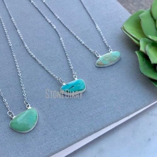 10Pcs Freeform Raw Turquoises Necklace Boho Rustic Horizontal Green Turquoises Silver Minimalist Jewelry 18inch-32inch NM14794