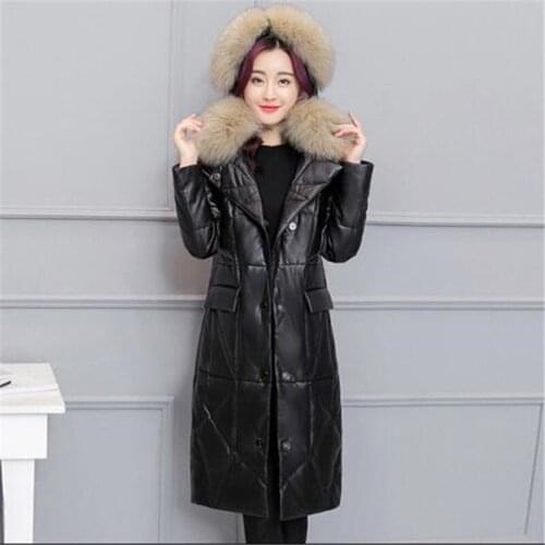 Pu leather coat for women to keep warm in winter Mid-length leather coat New faux fur down jacket Hooded fur collar quilted jack