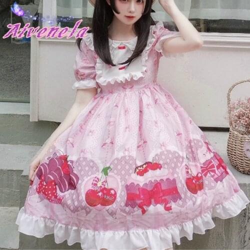 Japanese Lolita Dress Women Short Sleeve Dresse Soft Sister Kawaii Girl Lolita Printed OP Dress Vestidos AFC764