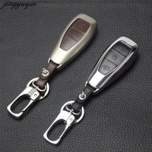 Jingyuqin Remote 3 Buttons Zinc Alloy+Leather Car Key Cover Case For Ford Fiesta Focus Mondeo Ecosport Kuga st key chain