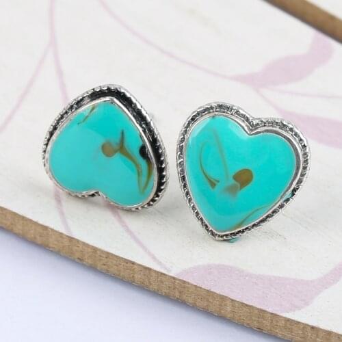 Classic Lovely Turquoises Heart Stud Earrings Fashion Korean Style Lady Silver Color Flower Earrings Jewelry for Women Best Gift