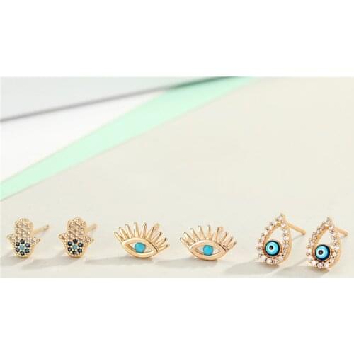 1Pair Turkish Fatima Hand Evil Eye Stud Earrings For Women Vintage Cute Crystal Hollow Waterdrop Small Ear Stud Jewelry Gift