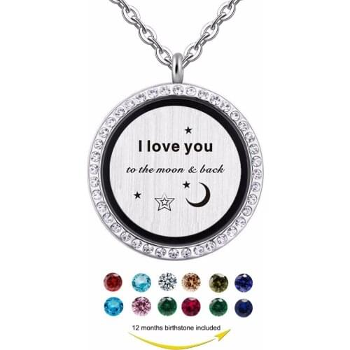 I love you to the moon and back Alloy magnetic floating locket Pendant, gift for Mom/Daughter birthstones charm necklace jewelry