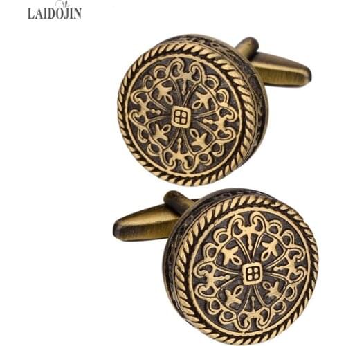 LAIDOJIN High Quality Shirt Cufflinks for Men Round Bronze Vintage Pattern Metal Cuff links Wedding Groom Gifts