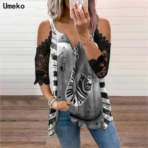 2021 Women T-shirt Music Equipment Printed Pattern Lace Short Sleeve Zip V-neck Tops Off Shoulder Patchwork Leisure Tops Cloth