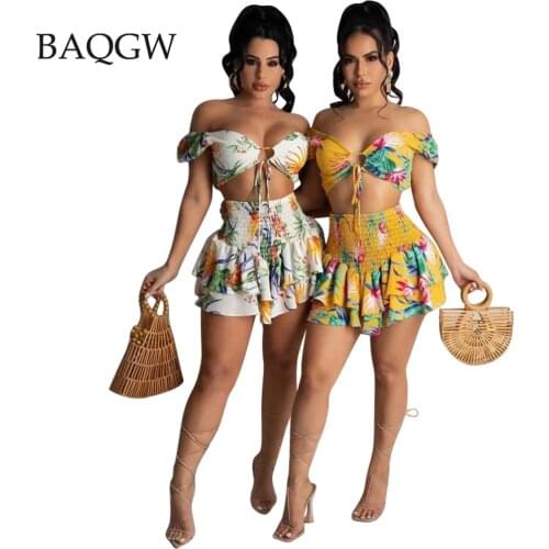 Off Shoulder Women Sets Summer Party Beachwear Bandages Ruffles Two Piece Dress Set Bodycon Chiffion Skirt Dress Set Outfits