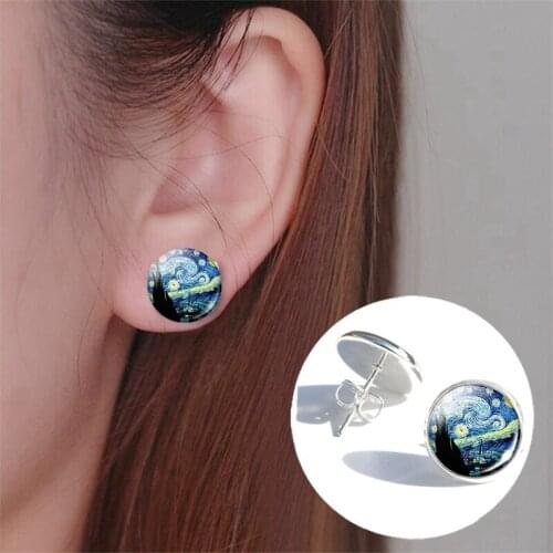 Women Fashion Van Gogh Stud Earrings Glass Cabochon Earings Starry Night Sunflower Iris Oil Painting Art Picture Jewelry