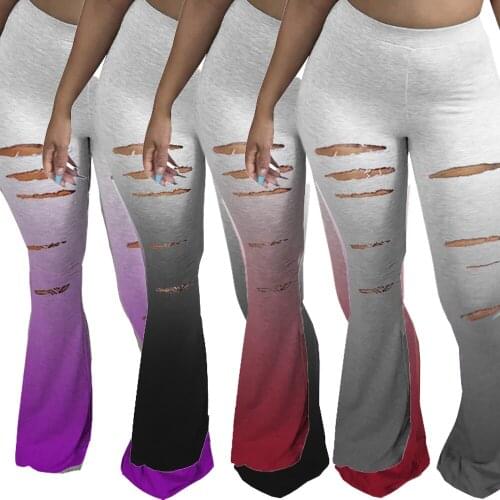 Echoine Sexy Women Gradient Color Print Bell-Bottom Pants Hole Distressed Sweatpants Casual Trousers Dames Sportswear Pantacourt