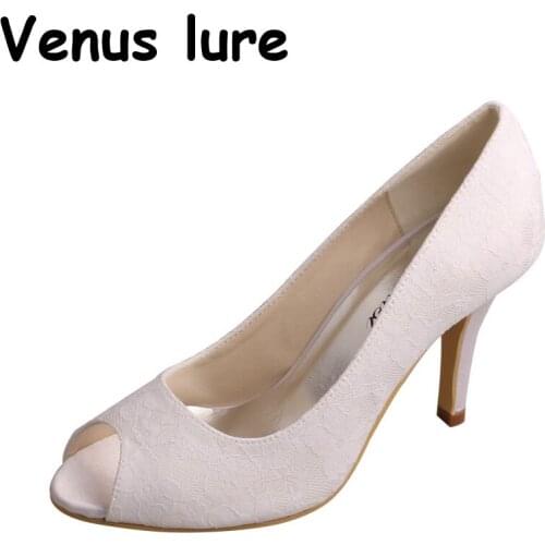 Venus lure Brand White Lace High Heels Open Toe Court Shoes for Ladies Wedding