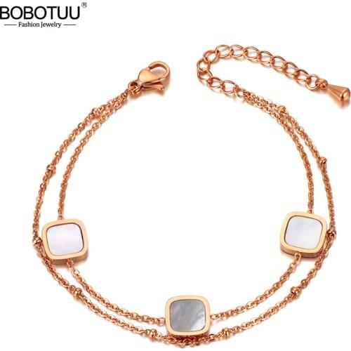 BOBOTUU Rose Gold Double Layer Stainless Steel Acrylic & Shell Charm Bracelets For Women Bohemia Beach Chain Bracelet BB20040