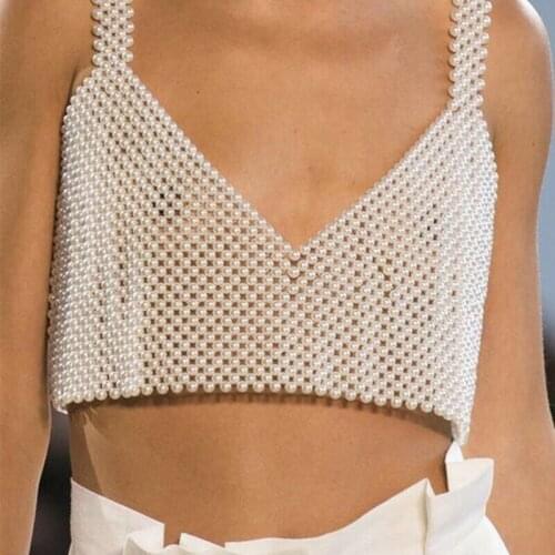 IMCUTE Y2K High Street Deep V Neck Pearl Slim Vest Women Fashion Crop Top Ladies White Sleeveless Sexy Club Tank Top Blusas