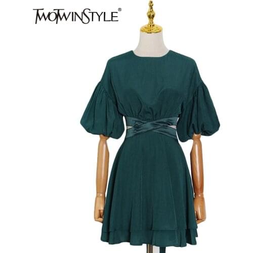 TWOTWINSTYLE Green Lace Up Bowknot Dress For Women O Neck Lantern Short Sleeve High Waist Hollow Out Mini Dresses Female Fashion
