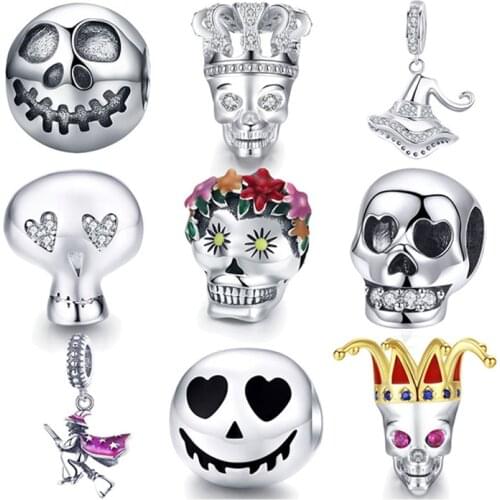100% 925 Sterling Silver Rock Skull Ghost Face Bead Charms Fit Original BISAER Bracelets Women jewelry Accessories berloques