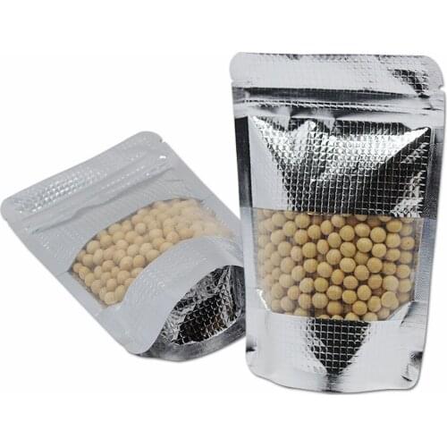 1000Pcs Stand Up Silver Embossed Aluminum Foil Zip Lock with Clear Window Package Bag Recyclable Zipper Food Storage Bag
