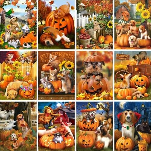 HUACAN Diamond Art Painting Mosaic Halloween Pumpkin Home Decor Diamond Embroidery Cat Dog Animal Wall Sticker