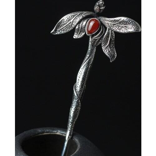 Amxiu Vintage Hair Sticks Luxury Natural Red Stone Hair Jewelry Antique Silver Hairpins Flower Hairwear For Women Special Gift