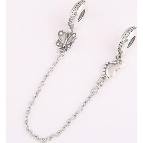 Authentic S925 Decorative Butterflies With Crystal Safety Chain Charm for Women Bracelet Bangle DIY Jewelry