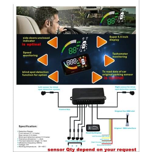Car-detector 8 sensor parktronic system with 5.5 inch Car HUD head up display+2 blind spot sensor +4 back sensor+2 front sensor