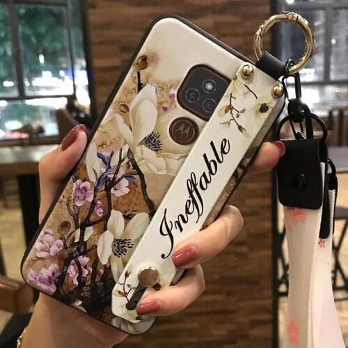 Anti-dust Lanyard Phone Case For MOTO E7 Plus Silicone Flower Shockproof For Girls Wrist Strap
